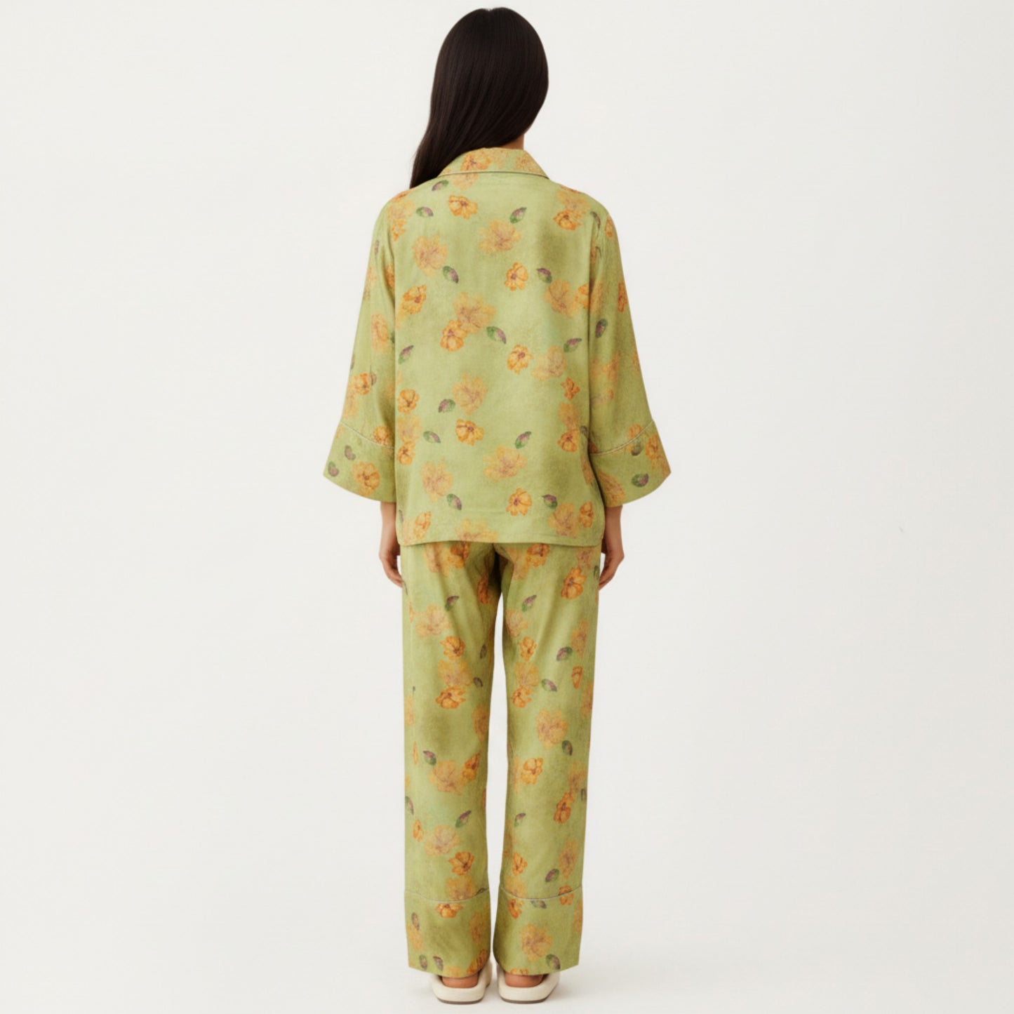 2-Piece Set Floral Print Button Front Pajama Top with Wide Cuff Sleeves and Matching Relaxed Fit Pants