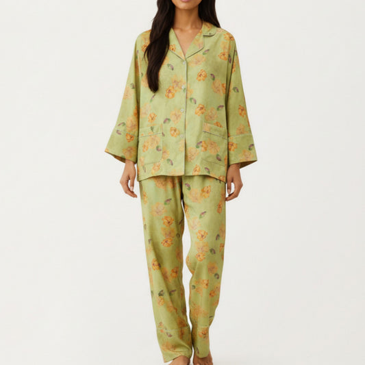 2-Piece Set Floral Print Button Front Pajama Top with Wide Cuff Sleeves and Matching Relaxed Fit Pants