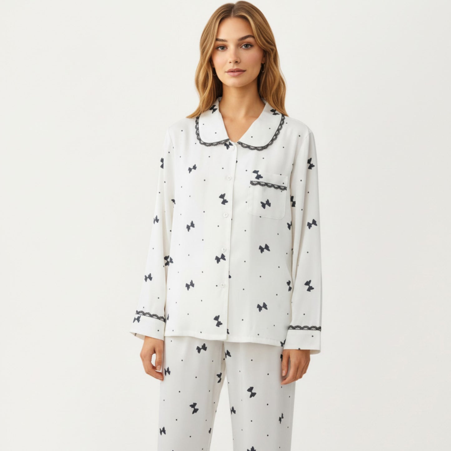 2-Piece Set Printed Button Front Pajama Top with Contrast Trim and Matching Relaxed Fit Elastic Waist Pants