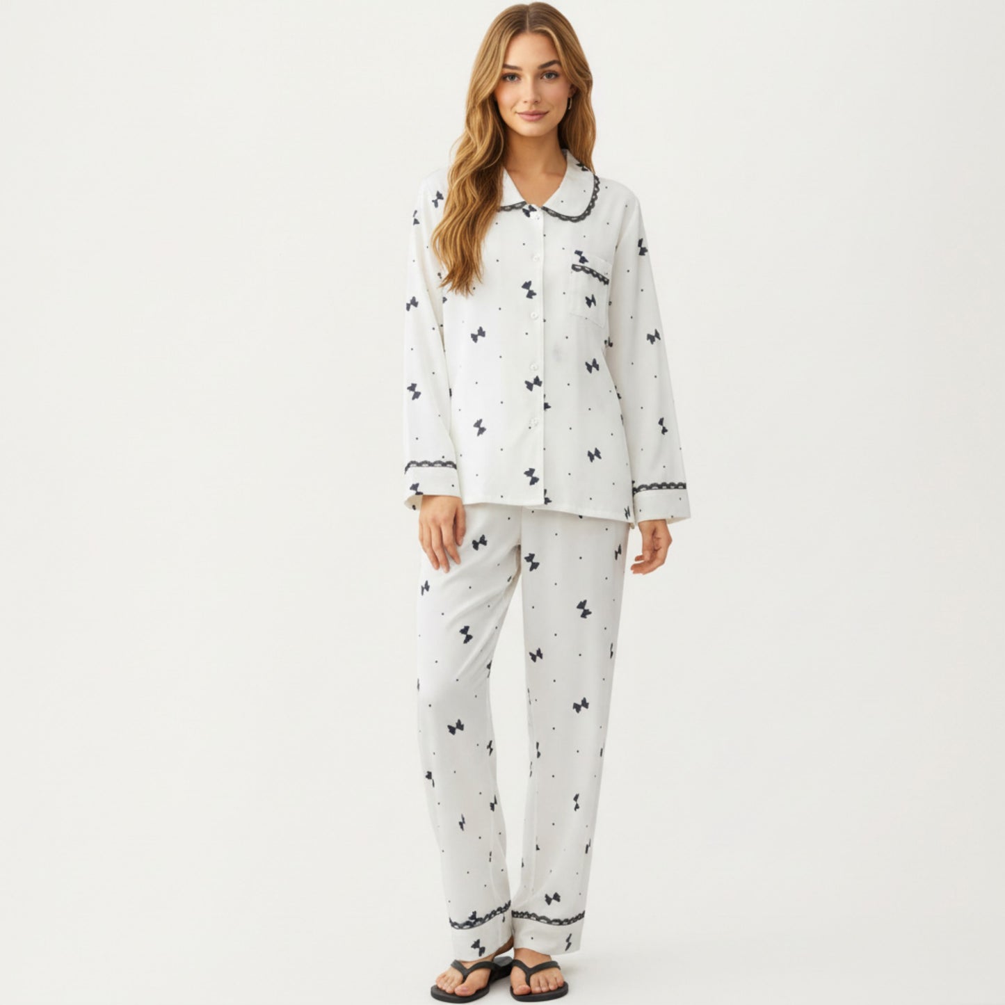 2-Piece Set Printed Button Front Pajama Top with Contrast Trim and Matching Relaxed Fit Elastic Waist Pants