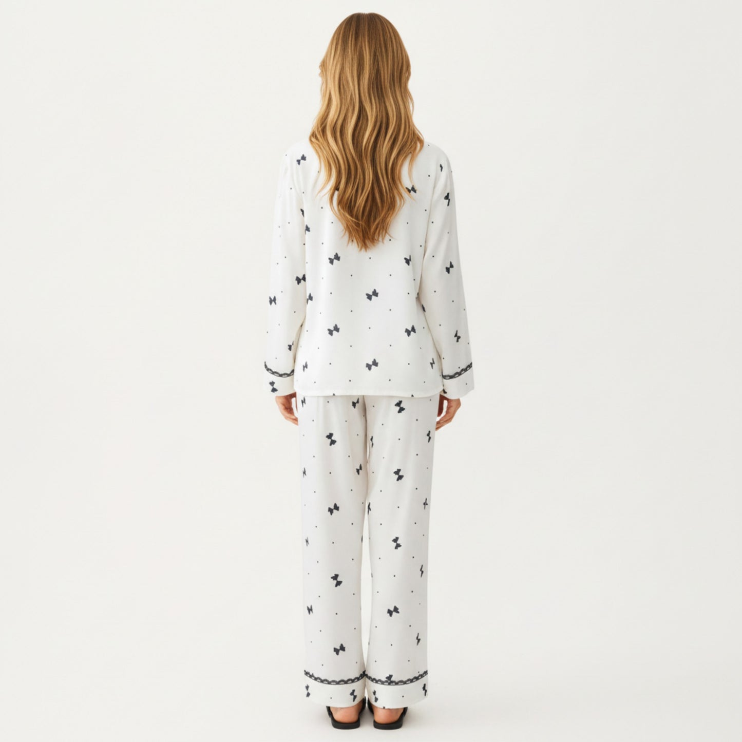 2-Piece Set Printed Button Front Pajama Top with Contrast Trim and Matching Relaxed Fit Elastic Waist Pants