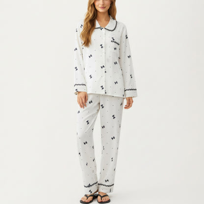 2-Piece Set Printed Button Front Pajama Top with Contrast Trim and Matching Relaxed Fit Elastic Waist Pants