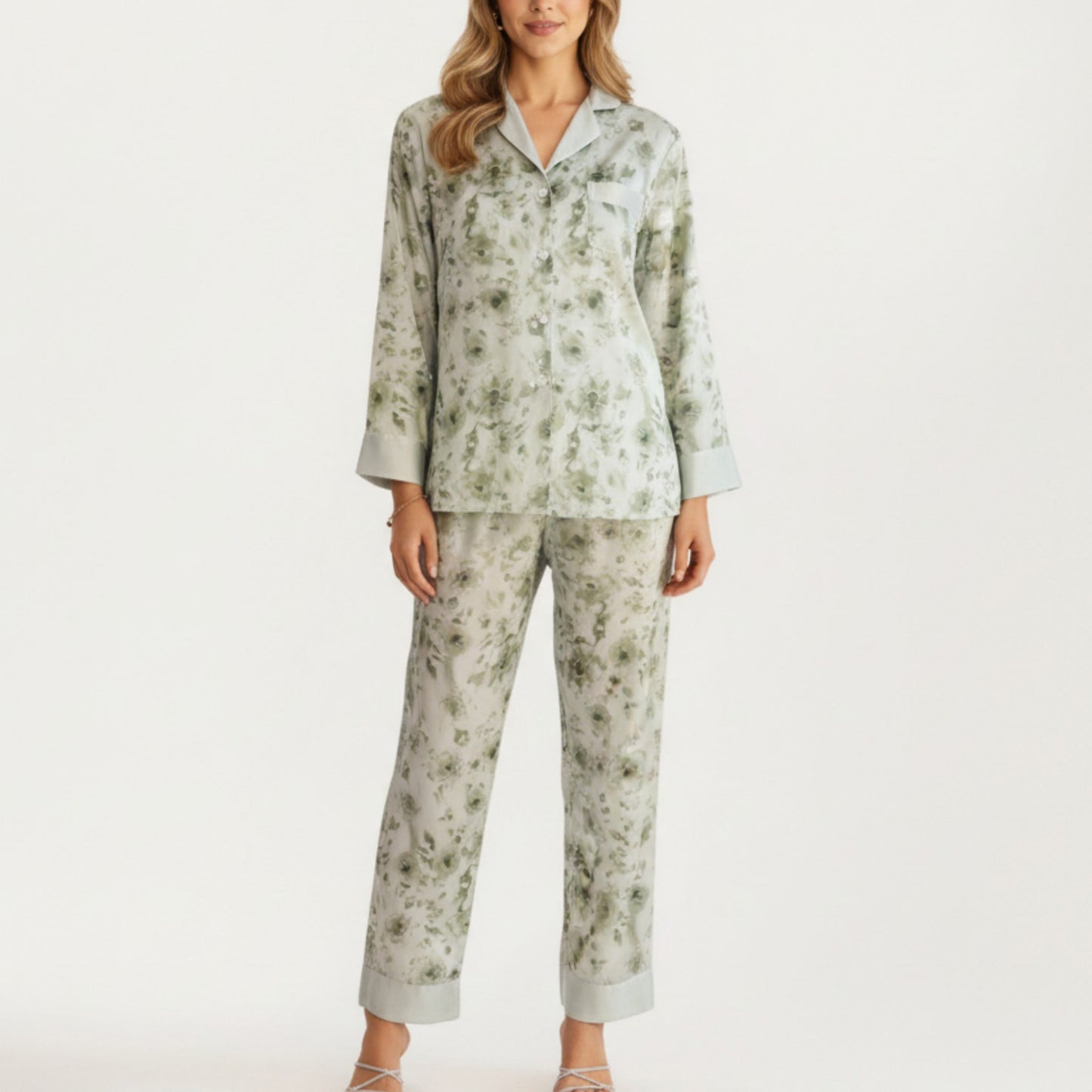 2-Piece Set Floral Satin Button Front Pajama Top with Contrast Cuffs and Matching Relaxed Fit Lounge Pants