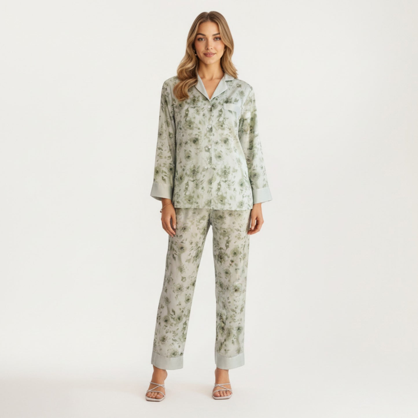 2-Piece Set Floral Satin Button Front Pajama Top with Contrast Cuffs and Matching Relaxed Fit Lounge Pants