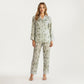 2-Piece Set Floral Satin Button Front Pajama Top with Contrast Cuffs and Matching Relaxed Fit Lounge Pants