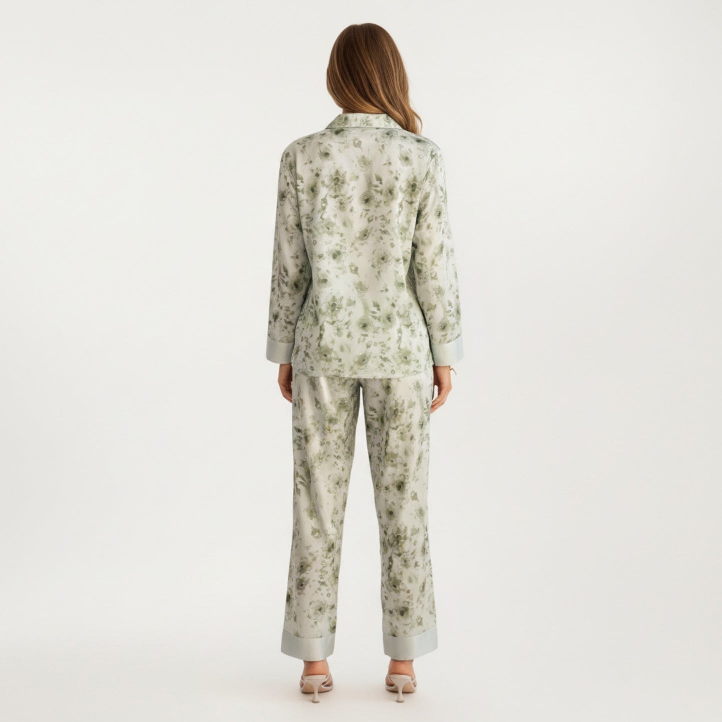2-Piece Set Floral Satin Button Front Pajama Top with Contrast Cuffs and Matching Relaxed Fit Lounge Pants