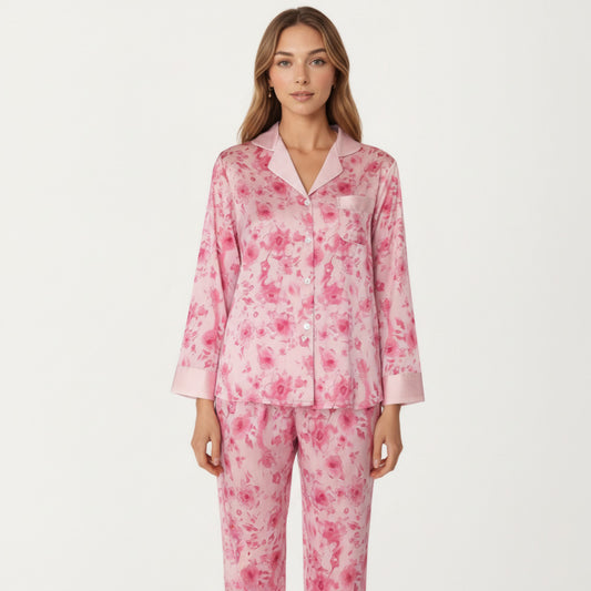 2-Piece Set Floral Satin Button Front Pajama Top with Contrast Cuffs and Matching Relaxed Fit Lounge Pants