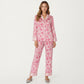2-Piece Set Floral Satin Button Front Pajama Top with Contrast Cuffs and Matching Relaxed Fit Lounge Pants