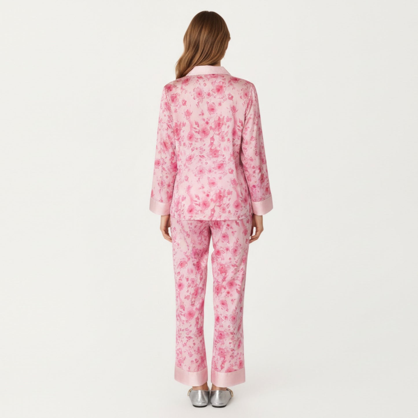 2-Piece Set Floral Satin Button Front Pajama Top with Contrast Cuffs and Matching Relaxed Fit Lounge Pants
