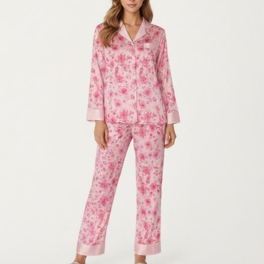 2-Piece Set Floral Satin Button Front Pajama Top with Contrast Cuffs and Matching Relaxed Fit Lounge Pants