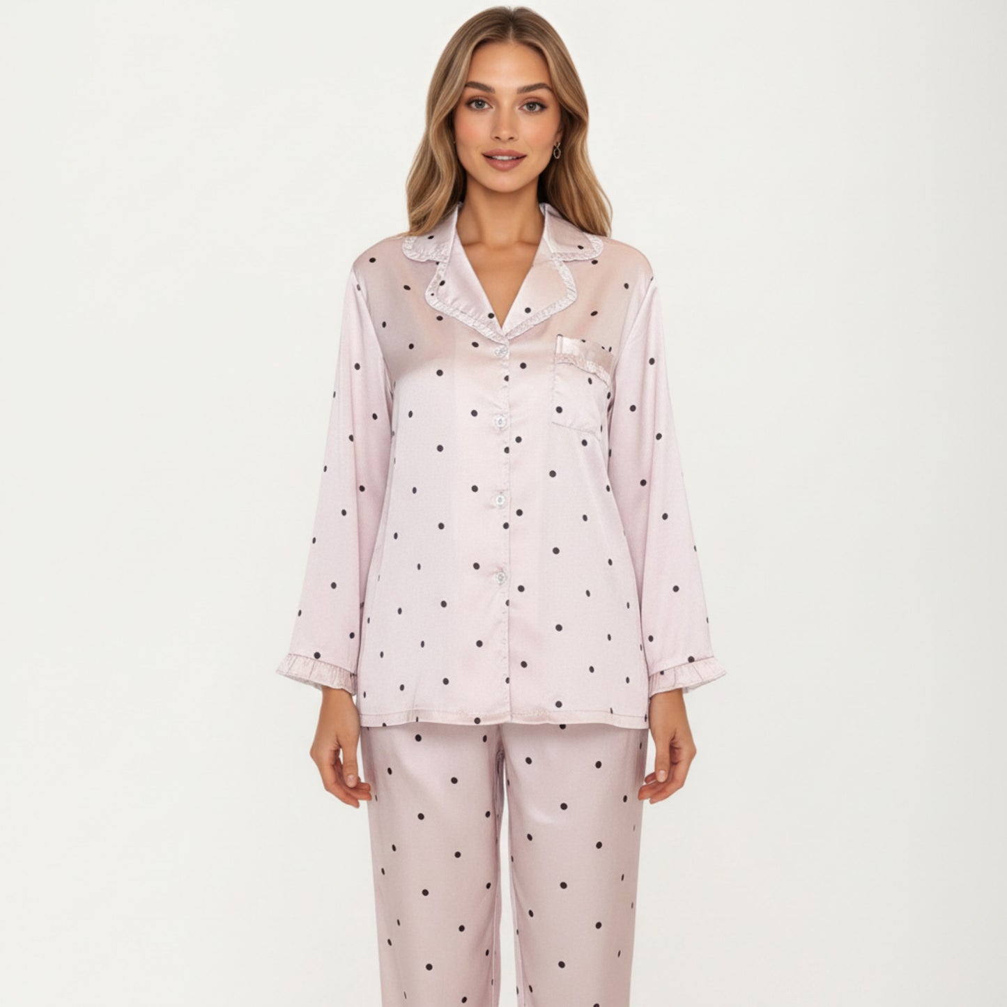 2-Piece Set Polka Dot Satin Button Front Pajama Top with Ruffle Trim and Matching Relaxed Fit Lounge Pants