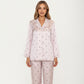 2-Piece Set Polka Dot Satin Button Front Pajama Top with Ruffle Trim and Matching Relaxed Fit Lounge Pants