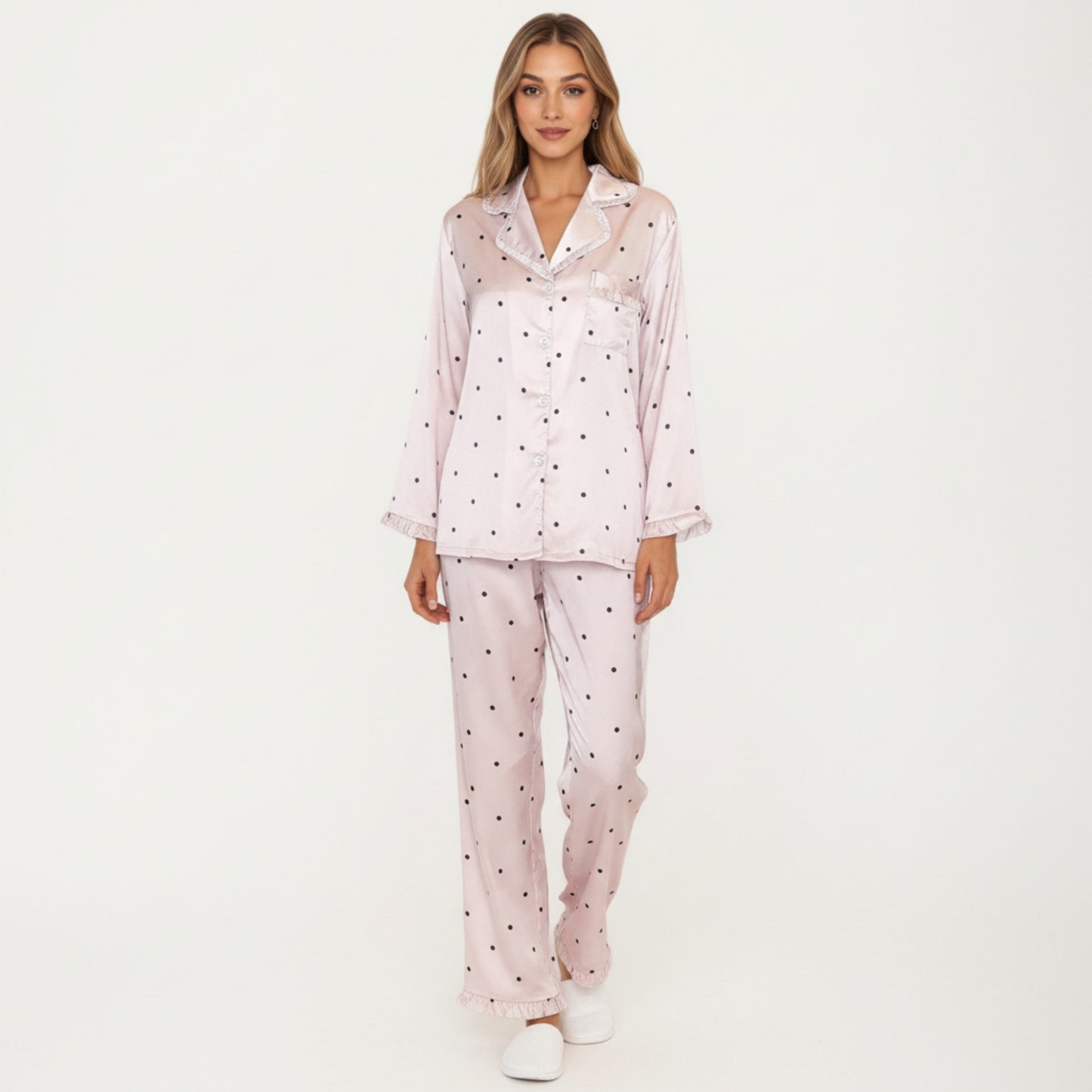 2-Piece Set Polka Dot Satin Button Front Pajama Top with Ruffle Trim and Matching Relaxed Fit Lounge Pants