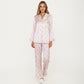 2-Piece Set Polka Dot Satin Button Front Pajama Top with Ruffle Trim and Matching Relaxed Fit Lounge Pants