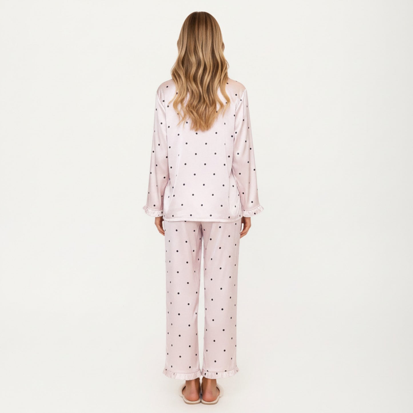 2-Piece Set Polka Dot Satin Button Front Pajama Top with Ruffle Trim and Matching Relaxed Fit Lounge Pants