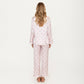 2-Piece Set Polka Dot Satin Button Front Pajama Top with Ruffle Trim and Matching Relaxed Fit Lounge Pants