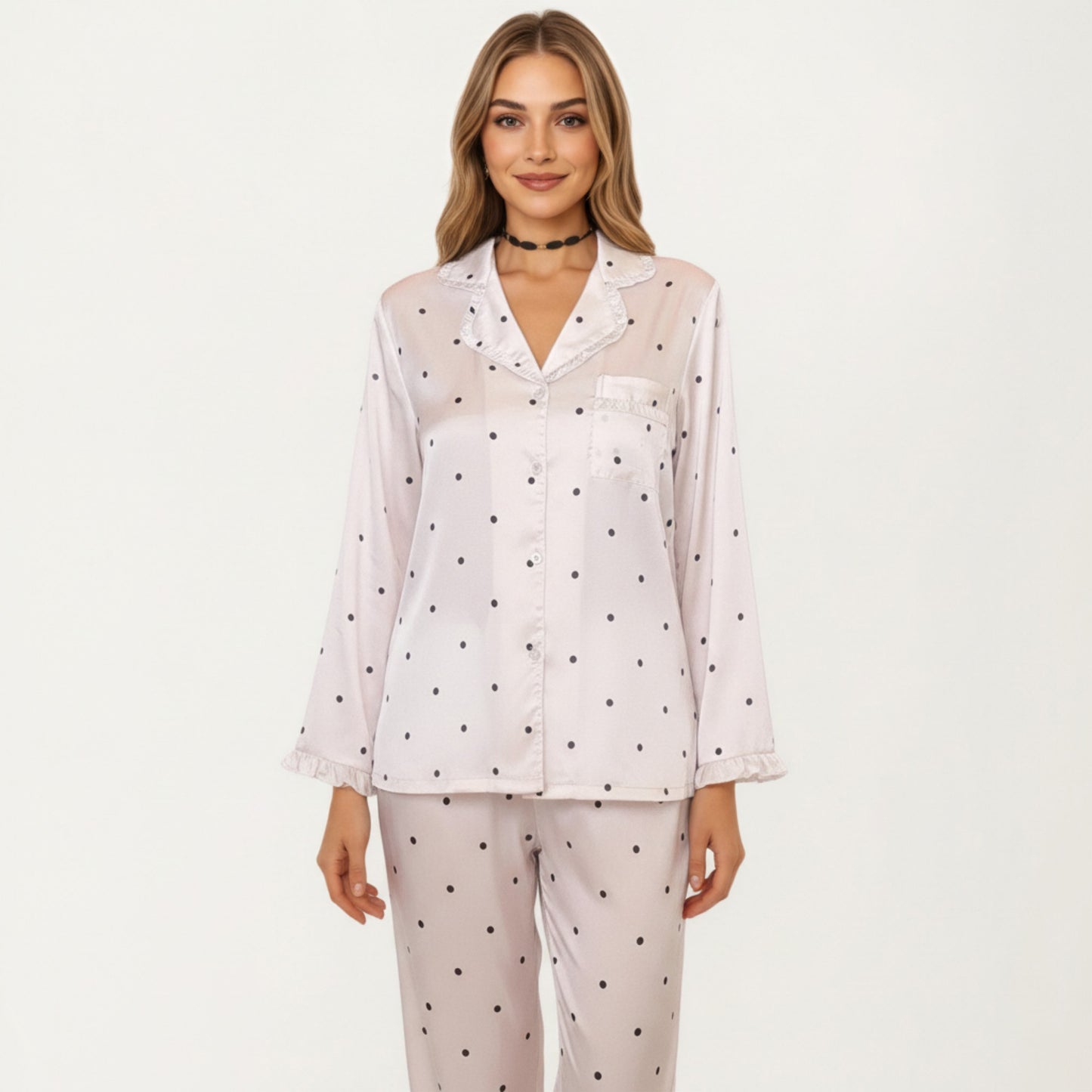 2-Piece Set Polka Dot Satin Button Front Pajama Top with Ruffle Trim and Matching Relaxed Fit Lounge Pants