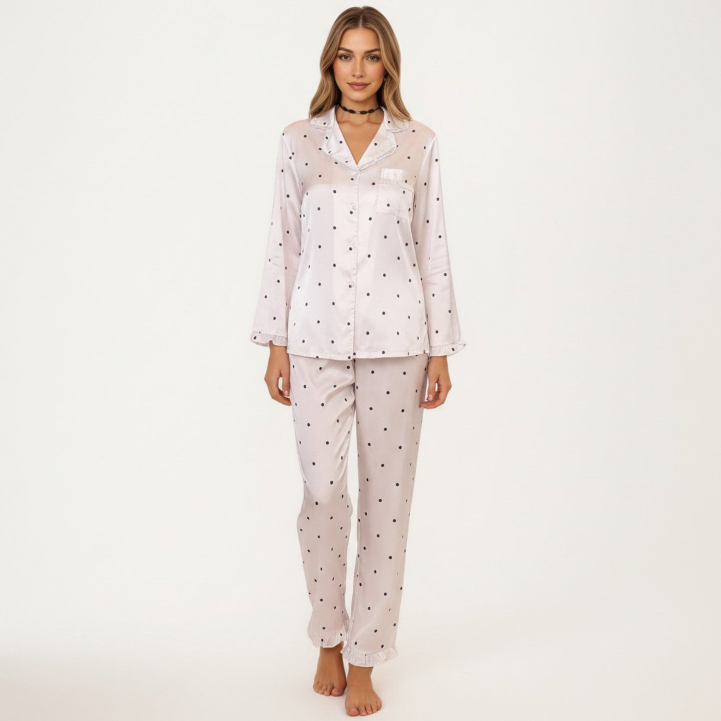 2-Piece Set Polka Dot Satin Button Front Pajama Top with Ruffle Trim and Matching Relaxed Fit Lounge Pants