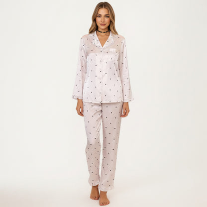 2-Piece Set Polka Dot Satin Button Front Pajama Top with Ruffle Trim and Matching Relaxed Fit Lounge Pants