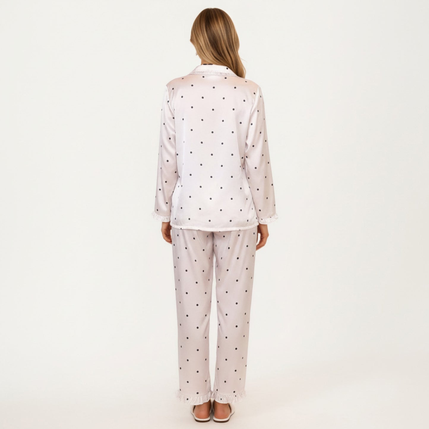 2-Piece Set Polka Dot Satin Button Front Pajama Top with Ruffle Trim and Matching Relaxed Fit Lounge Pants
