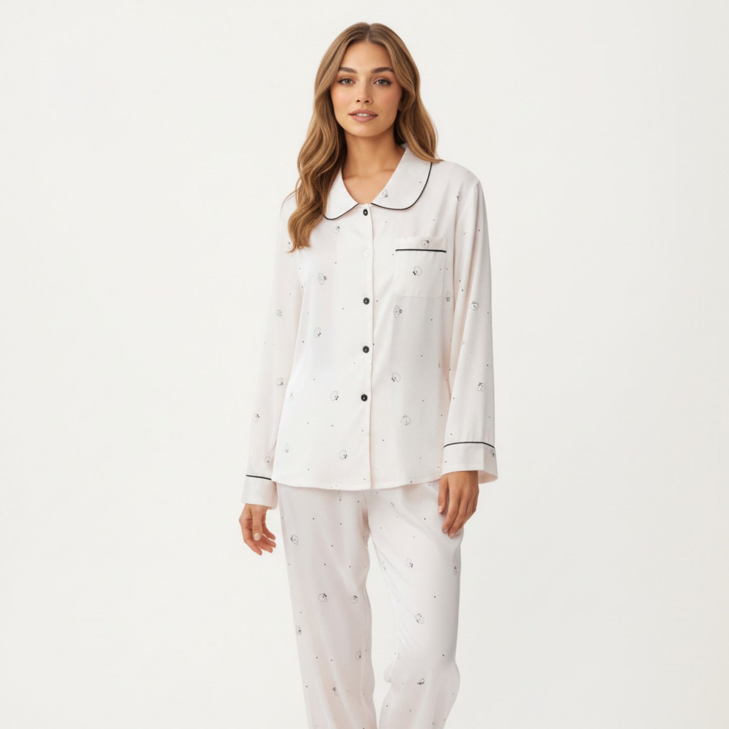 2-Piece Set Printed Button Front Pajama Top with Contrast Piping and Matching Relaxed Fit Lounge Pants