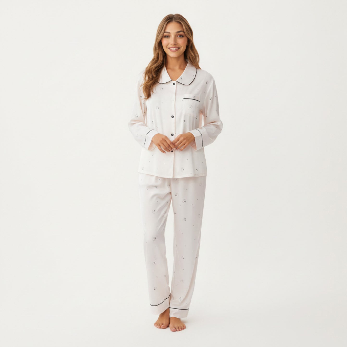 2-Piece Set Printed Button Front Pajama Top with Contrast Piping and Matching Relaxed Fit Lounge Pants