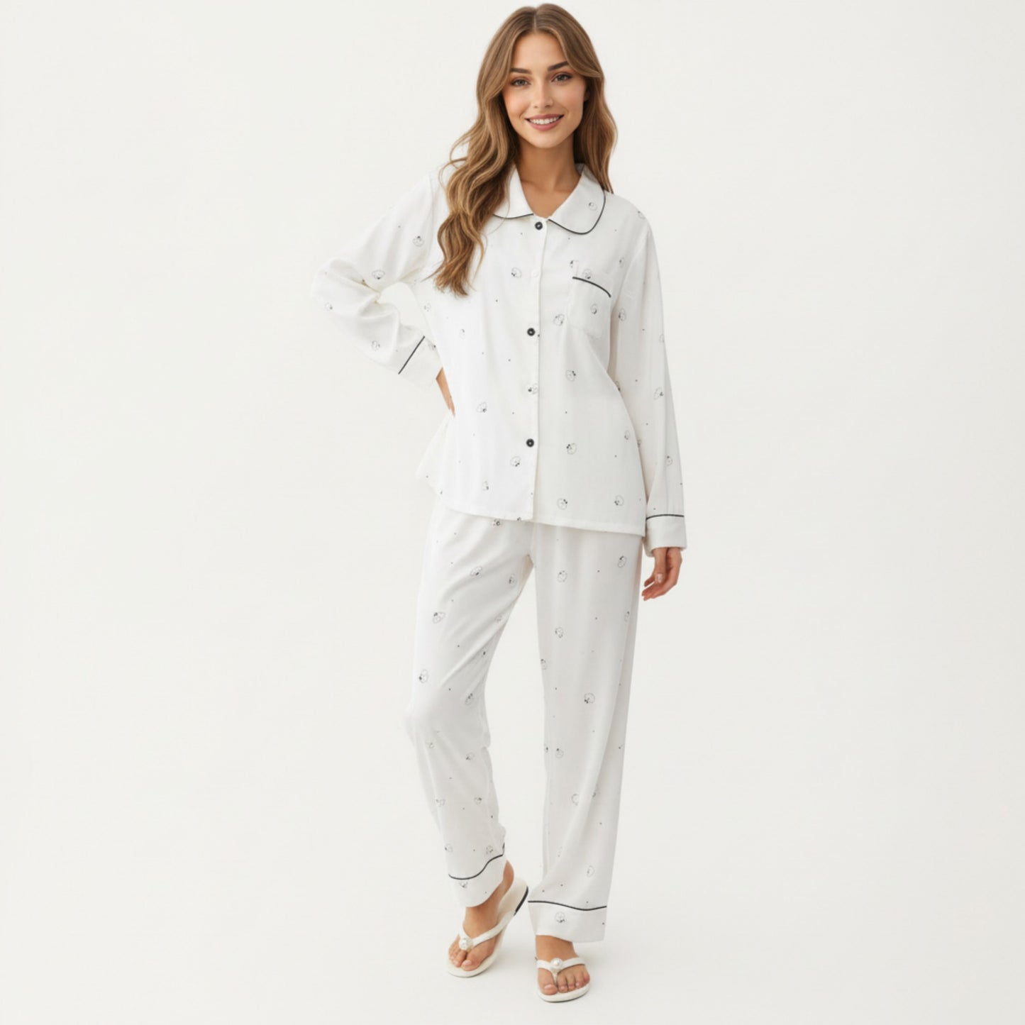 2-Piece Set Printed Button Front Pajama Top with Contrast Piping and Matching Relaxed Fit Lounge Pants