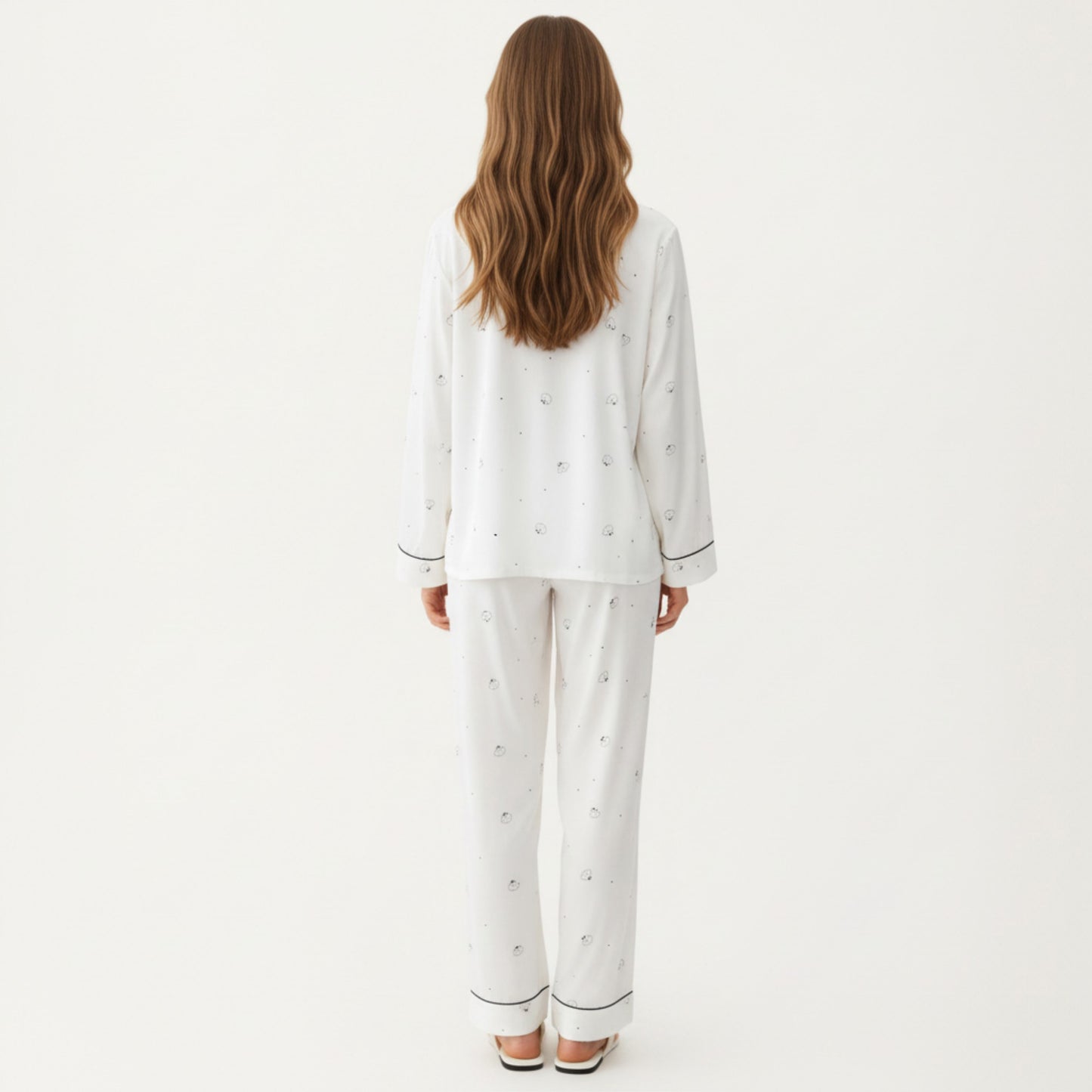 2-Piece Set Printed Button Front Pajama Top with Contrast Piping and Matching Relaxed Fit Lounge Pants
