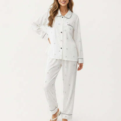 2-Piece Set Printed Button Front Pajama Top with Contrast Piping and Matching Relaxed Fit Lounge Pants