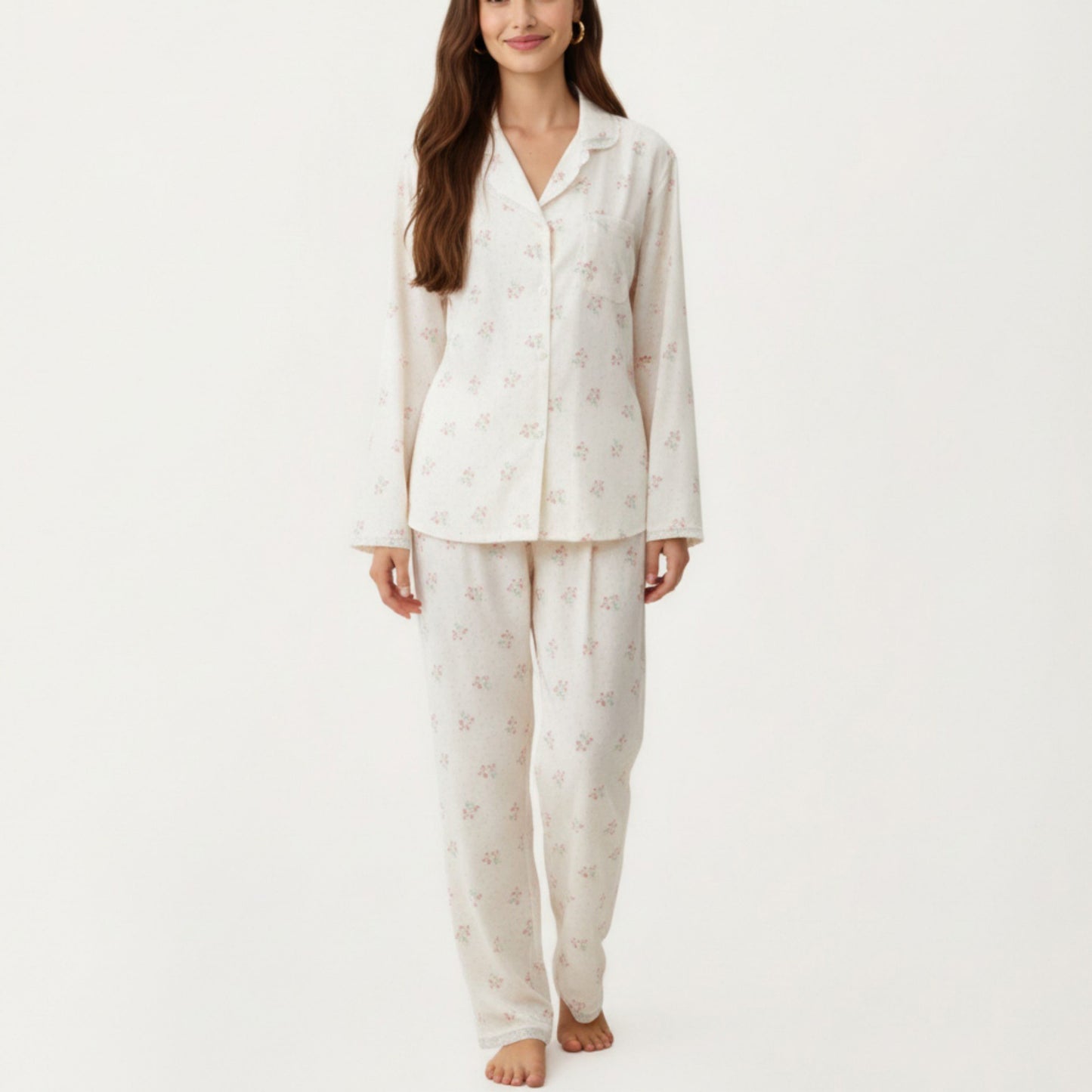 2-Piece Set Floral Print Pajama Top with Button Front and Trim Details Paired with Matching Pants
