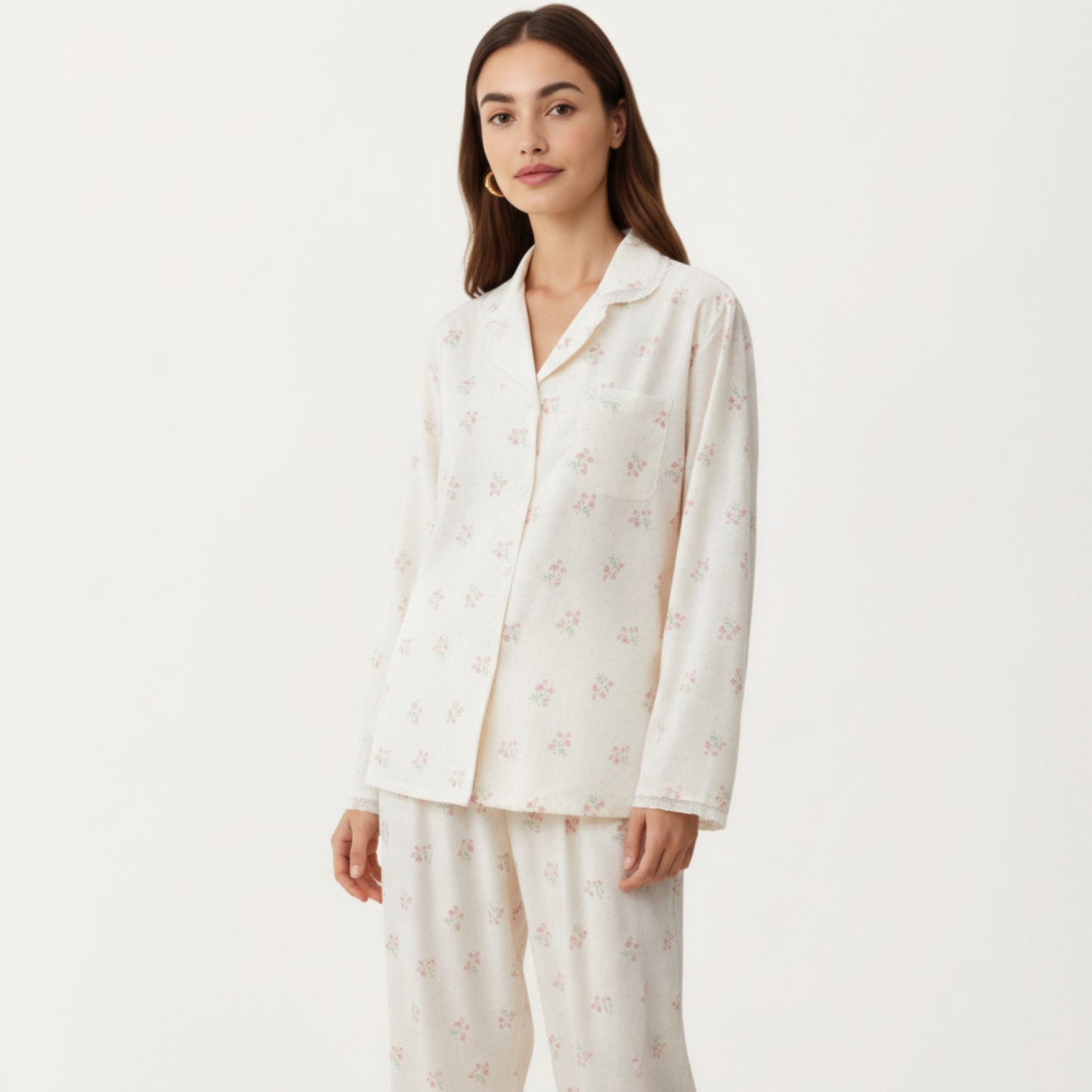 2-Piece Set Floral Print Pajama Top with Button Front and Trim Details Paired with Matching Pants
