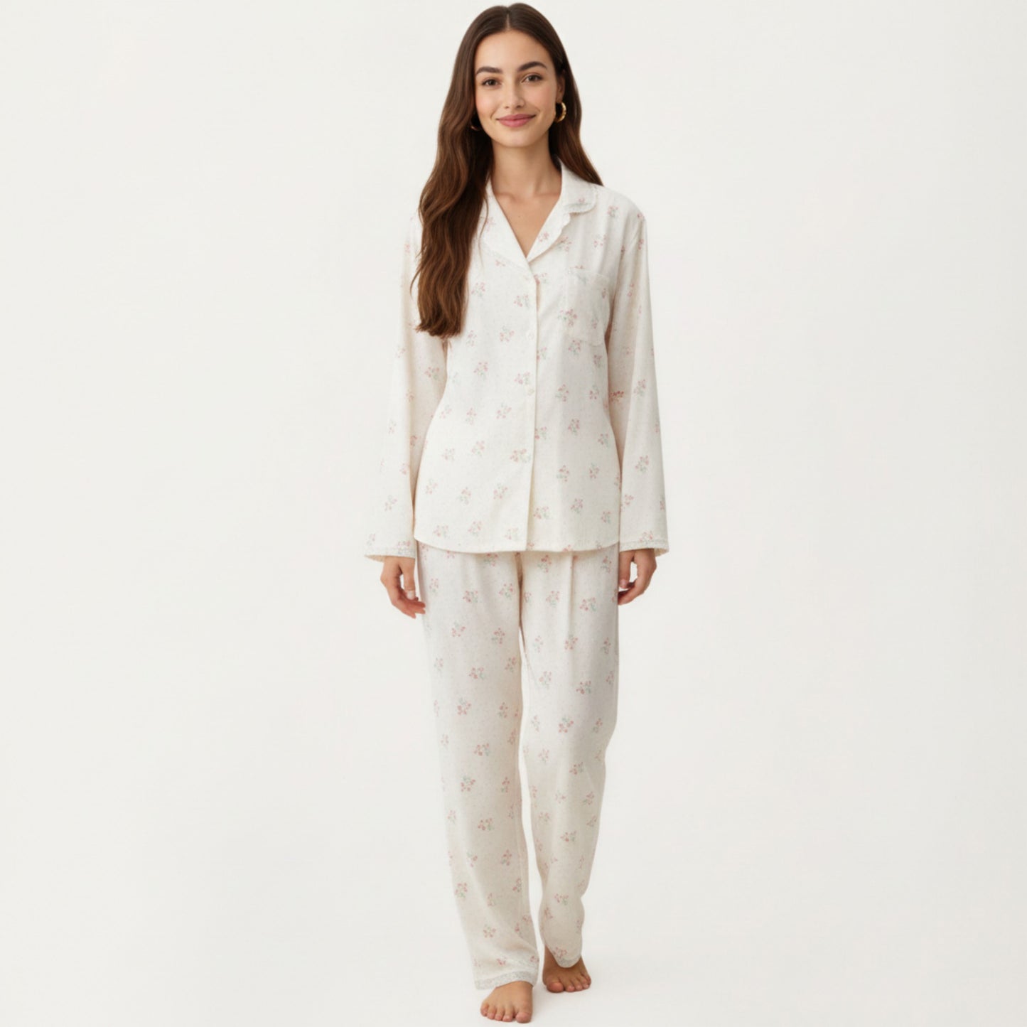2-Piece Set Floral Print Pajama Top with Button Front and Trim Details Paired with Matching Pants