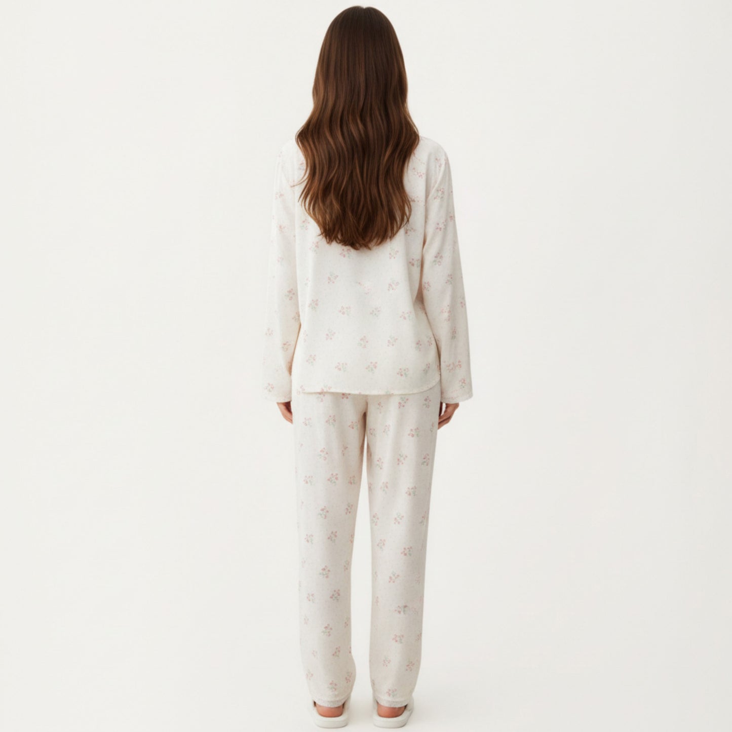 2-Piece Set Floral Print Pajama Top with Button Front and Trim Details Paired with Matching Pants