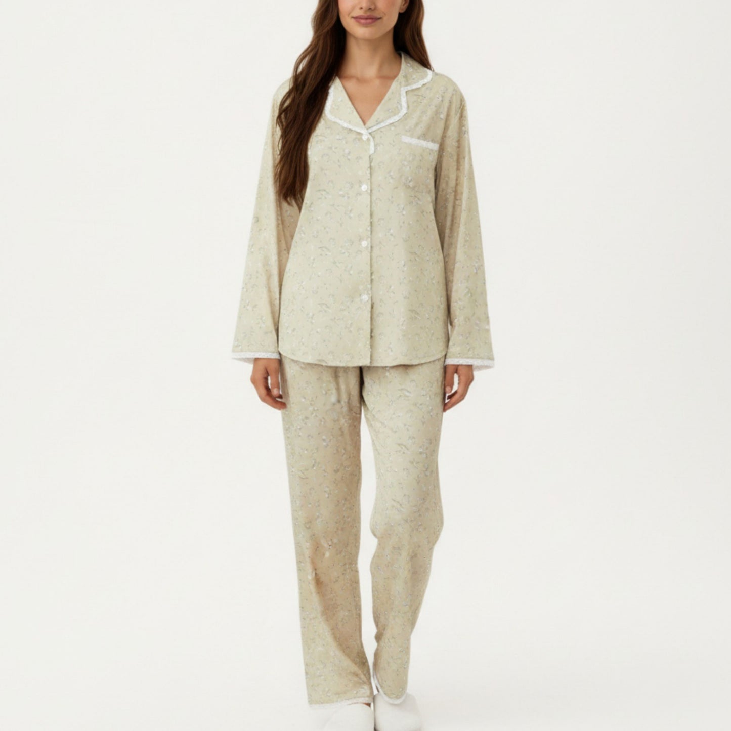 2-Piece Set Floral Print Pajama Top with Button Front and Trim Details Paired with Matching Pants