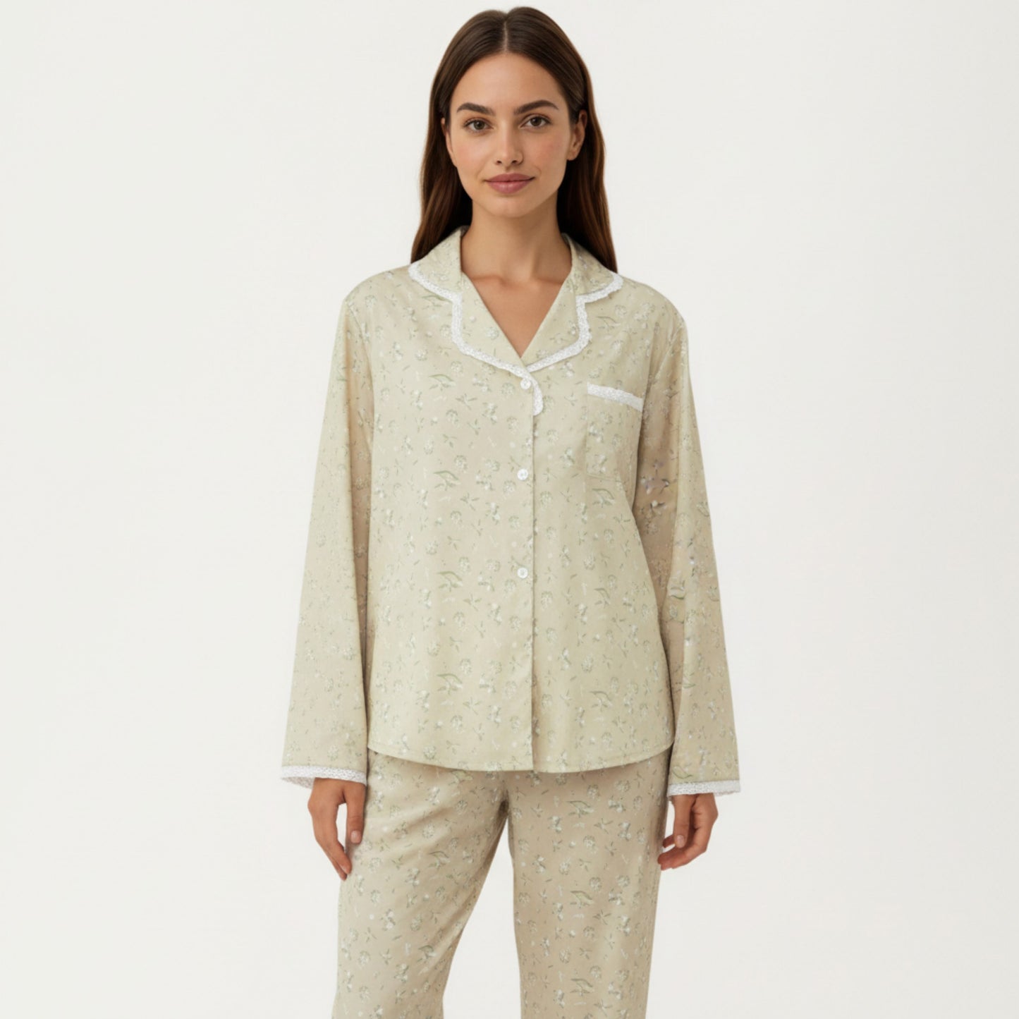 2-Piece Set Floral Print Pajama Top with Button Front and Trim Details Paired with Matching Pants