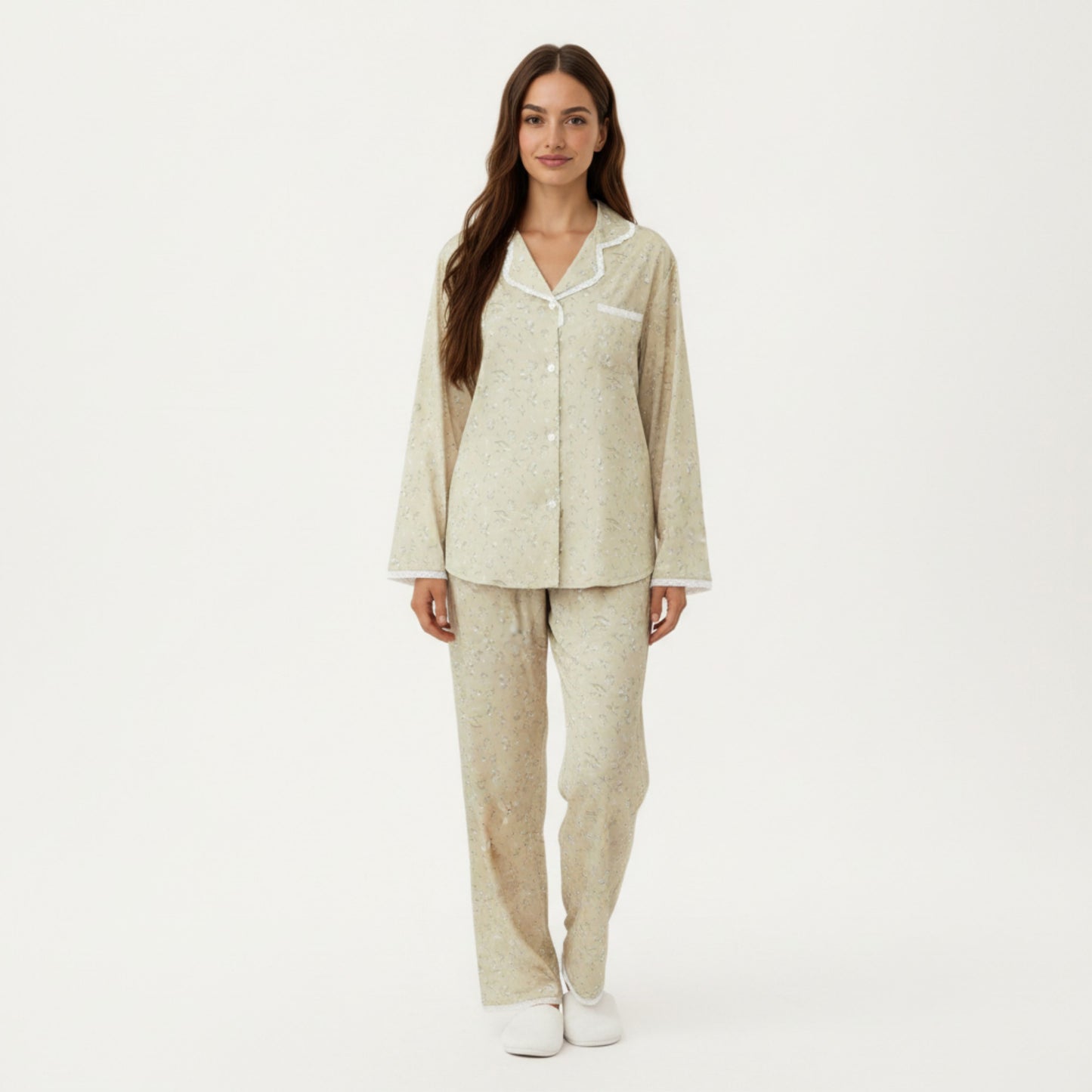 2-Piece Set Floral Print Pajama Top with Button Front and Trim Details Paired with Matching Pants