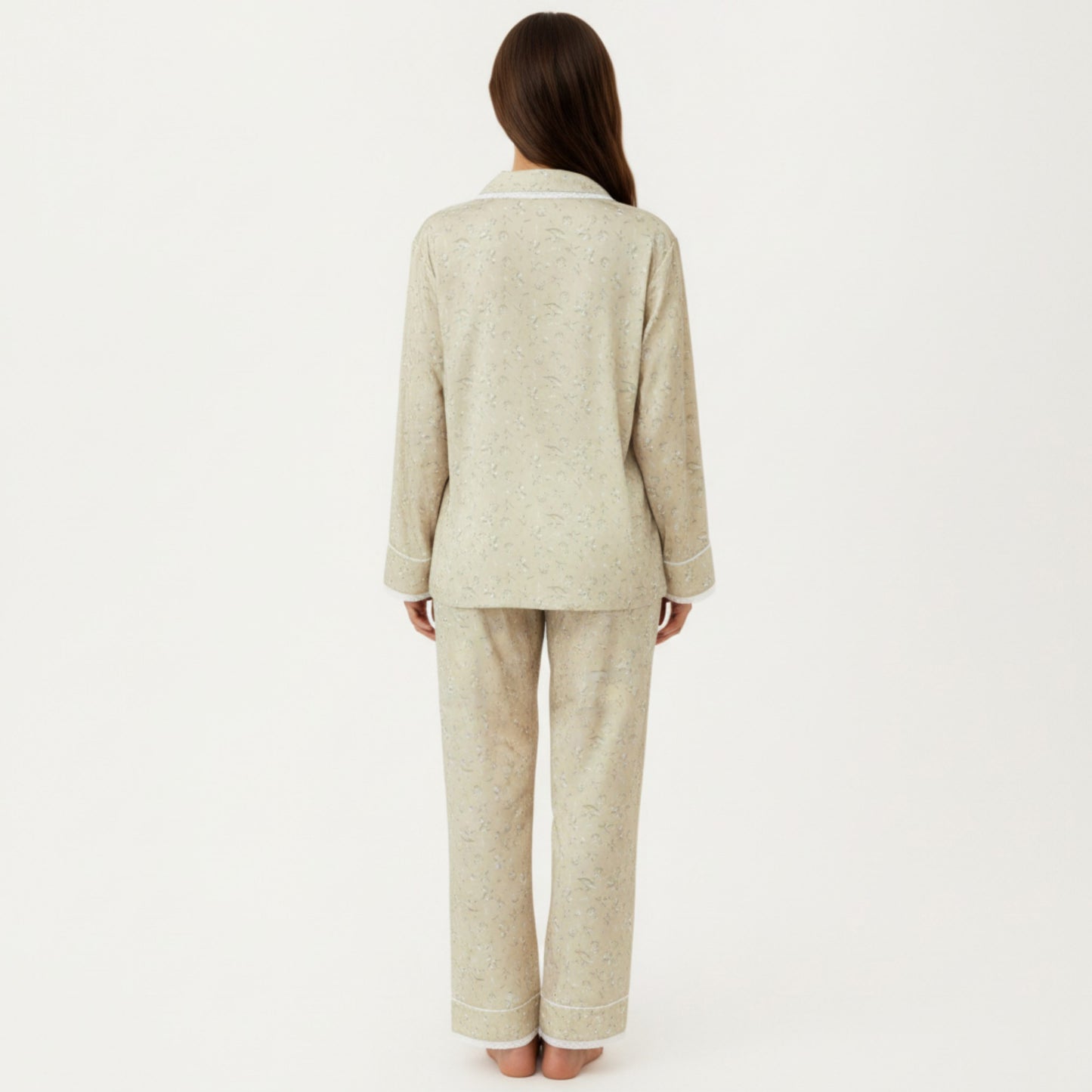 2-Piece Set Floral Print Pajama Top with Button Front and Trim Details Paired with Matching Pants