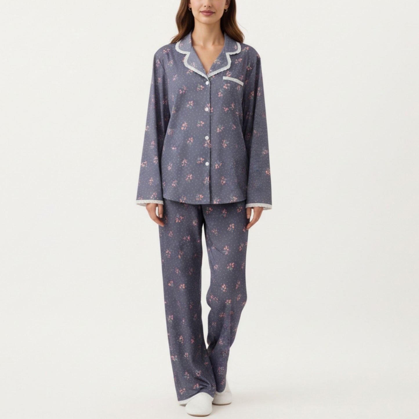 2-Piece Set Floral Print Pajama Top with Button Front and Trim Details Paired with Matching Pants