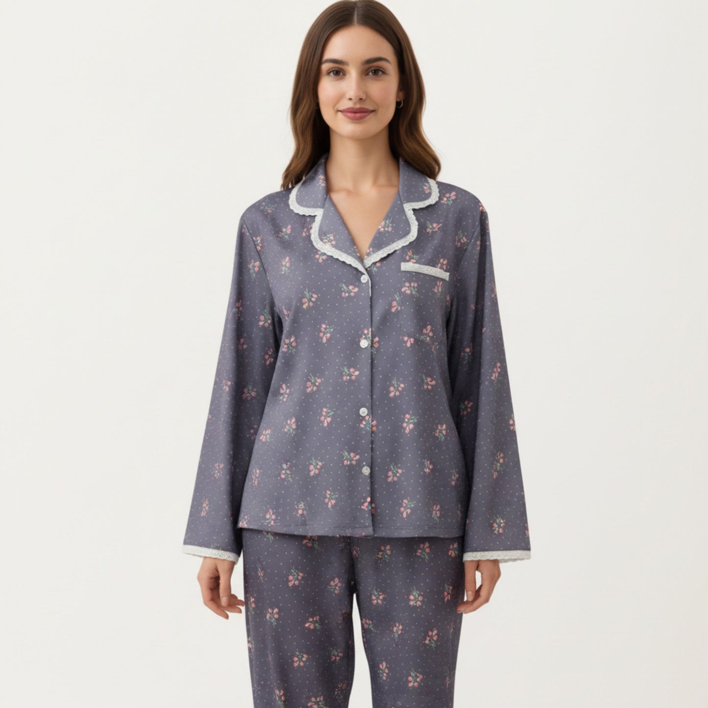 2-Piece Set Floral Print Pajama Top with Button Front and Trim Details Paired with Matching Pants
