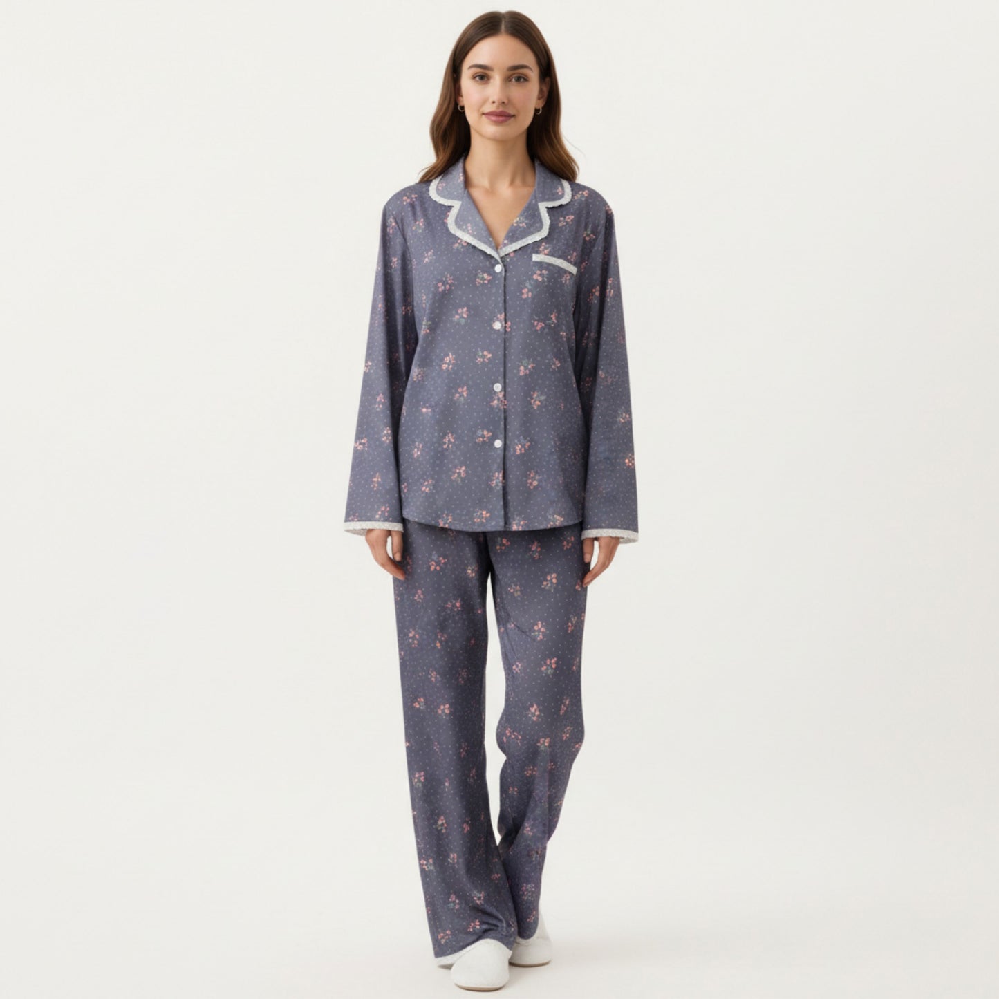 2-Piece Set Floral Print Pajama Top with Button Front and Trim Details Paired with Matching Pants