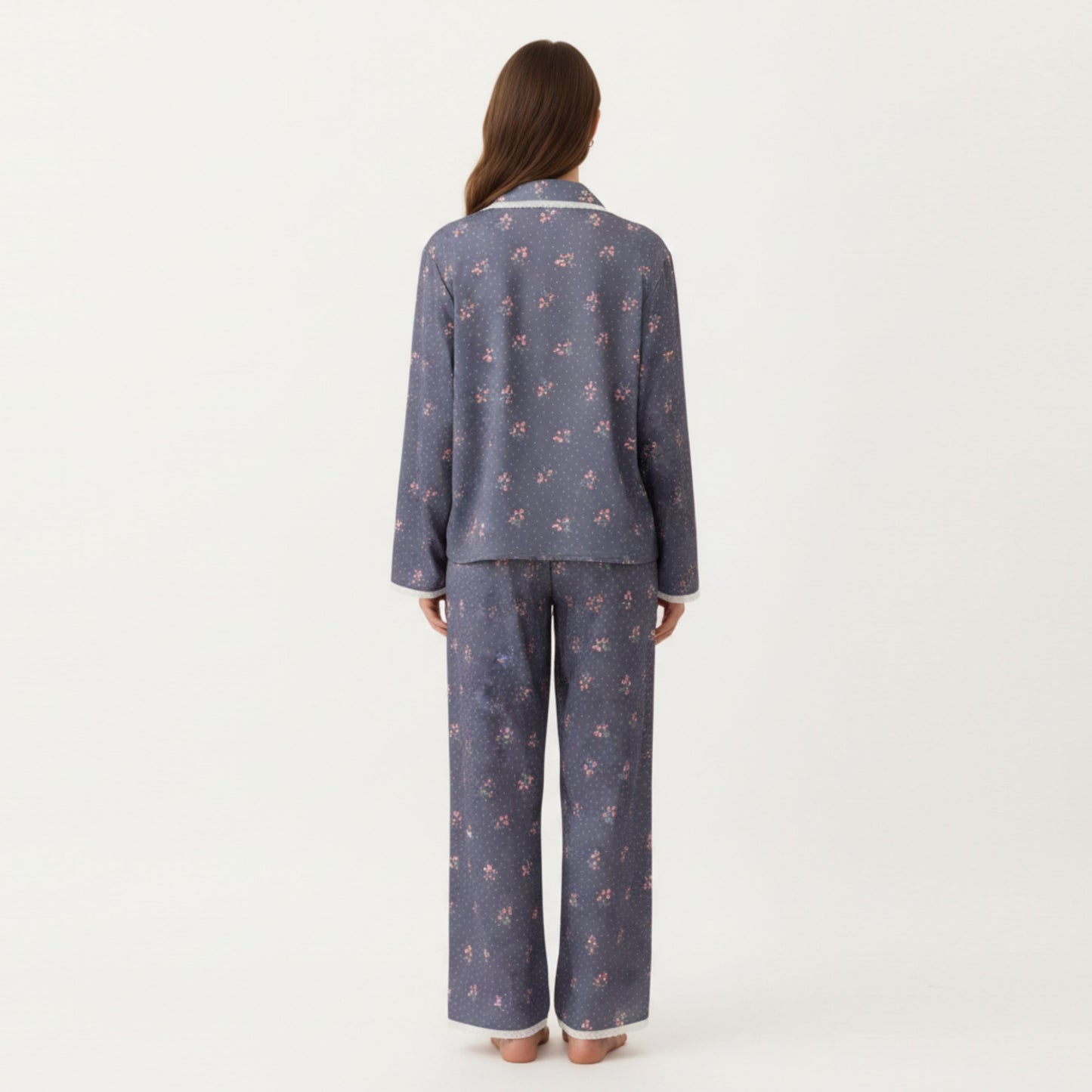 2-Piece Set Floral Print Pajama Top with Button Front and Trim Details Paired with Matching Pants