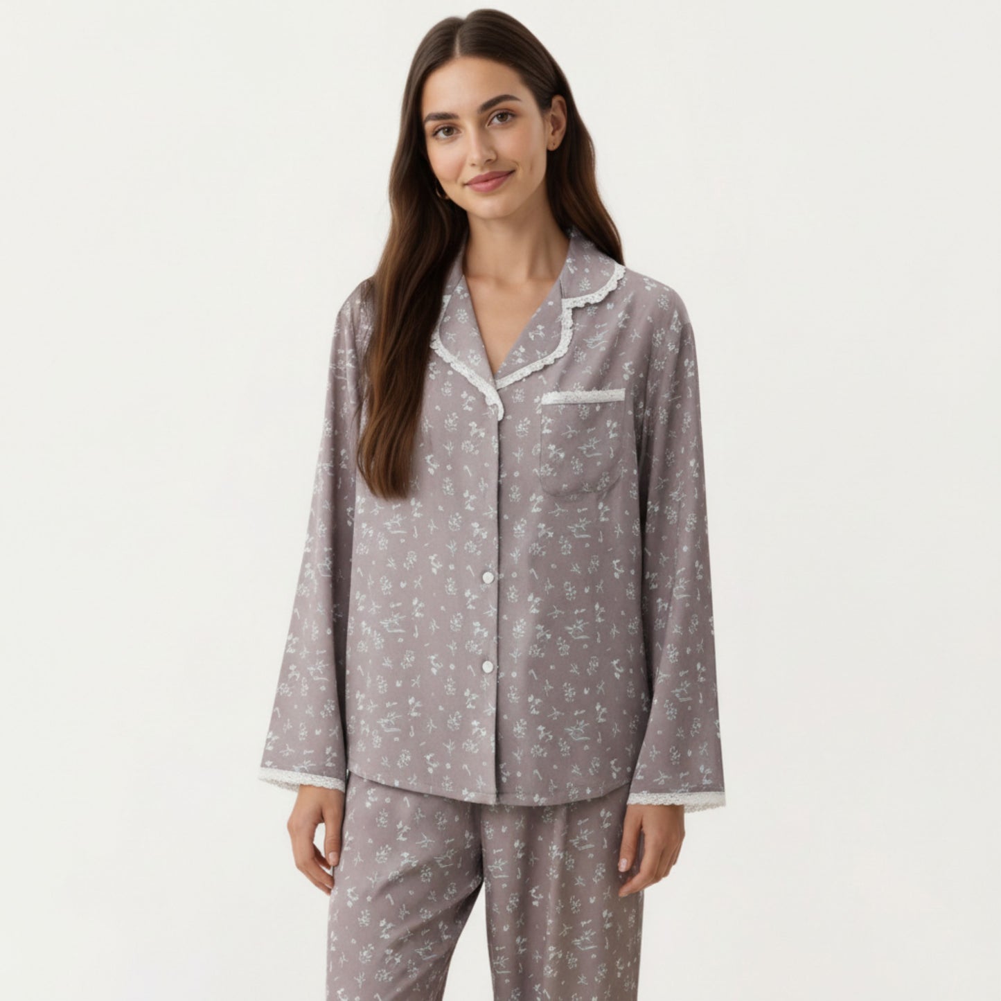 2-Piece Set Floral Print Pajama Top with Button Front and Trim Details Paired with Matching Pants