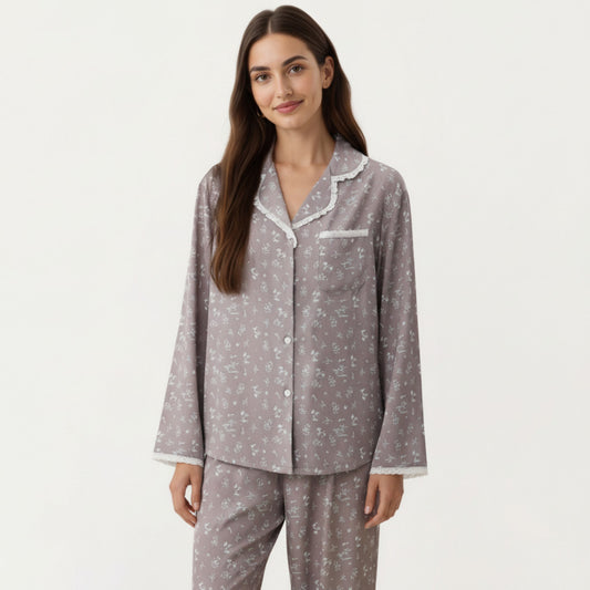 2-Piece Set Floral Print Pajama Top with Button Front and Trim Details Paired with Matching Pants