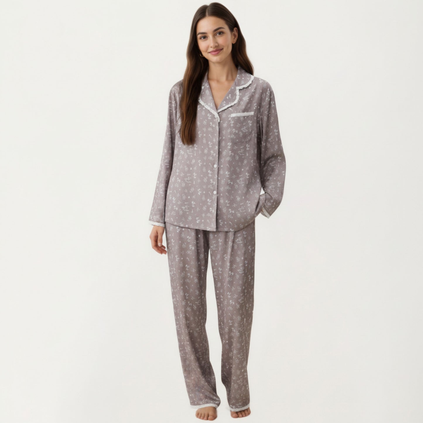 2-Piece Set Floral Print Pajama Top with Button Front and Trim Details Paired with Matching Pants