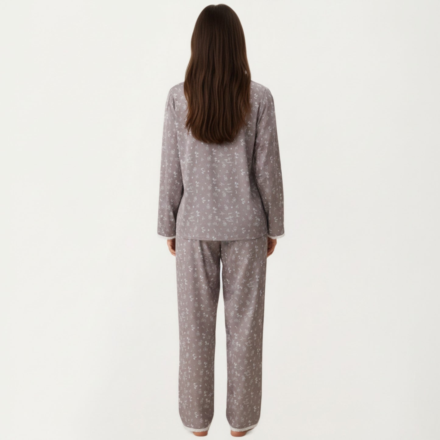 2-Piece Set Floral Print Pajama Top with Button Front and Trim Details Paired with Matching Pants