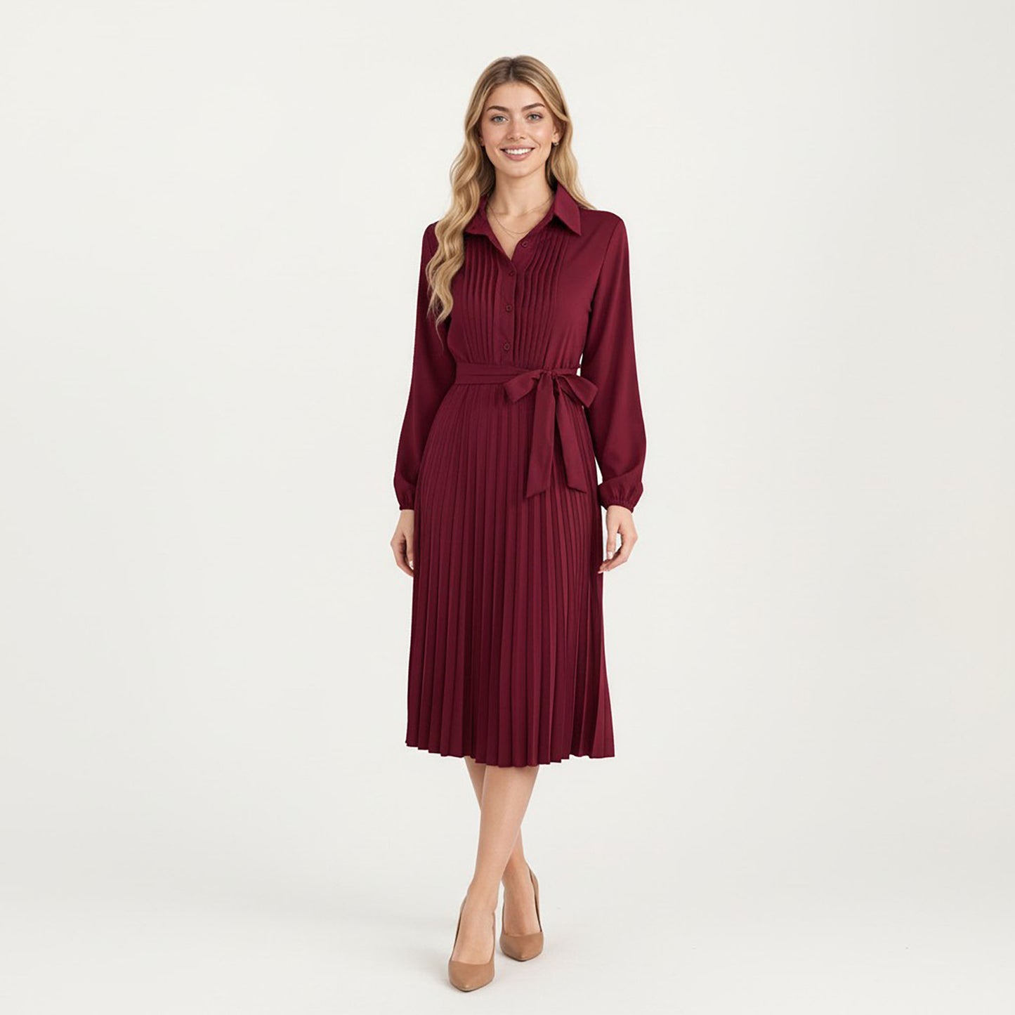 Pleated Midi Dress with Button-Down Front, Long Sleeves, and Waist Tie for a Feminine and Flattering Silhouette