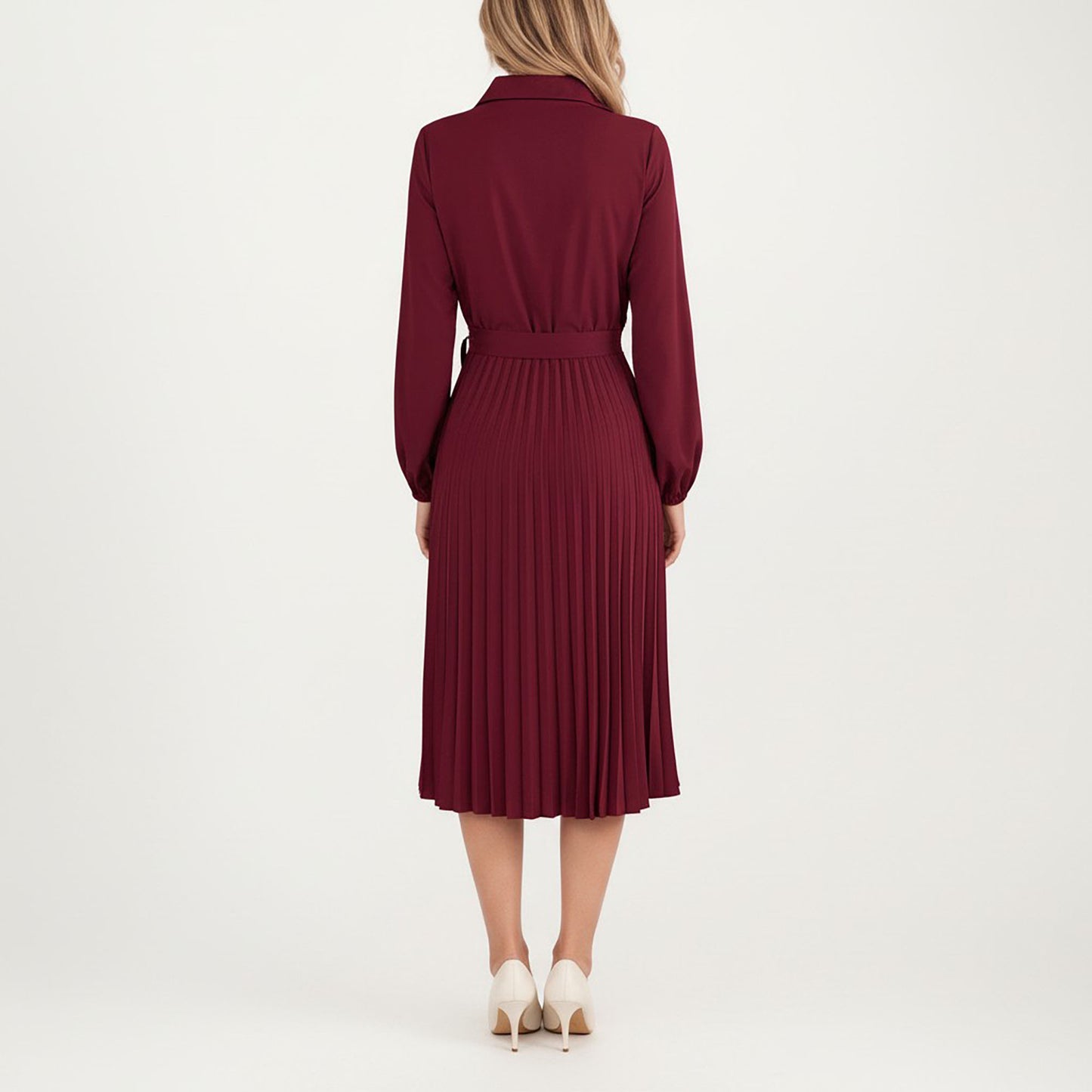 Pleated Midi Dress with Button-Down Front, Long Sleeves, and Waist Tie for a Feminine and Flattering Silhouette