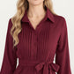 Pleated Midi Dress with Button-Down Front, Long Sleeves, and Waist Tie for a Feminine and Flattering Silhouette