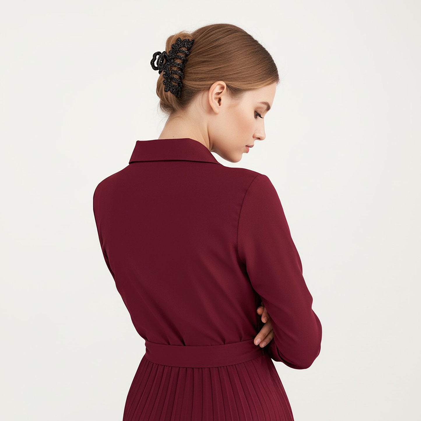 Pleated Midi Dress with Button-Down Front, Long Sleeves, and Waist Tie for a Feminine and Flattering Silhouette