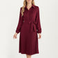 Pleated Midi Dress with Button-Down Front, Long Sleeves, and Waist Tie for a Feminine and Flattering Silhouette